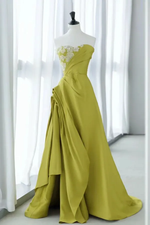 Strapless Green Satin Floral Prom Dresses, Green Long Floral Long Formal Evening Dresses APP0905