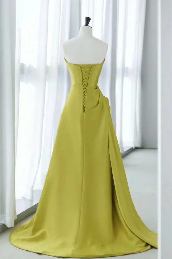 Strapless Green Satin Floral Prom Dresses, Green Long Floral Long Formal Evening Dresses APP0905