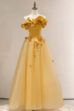 Strapless Yellow Floral Long Prom Dresses, Strapless Yellow Long Formal Evening Dresses APP0850