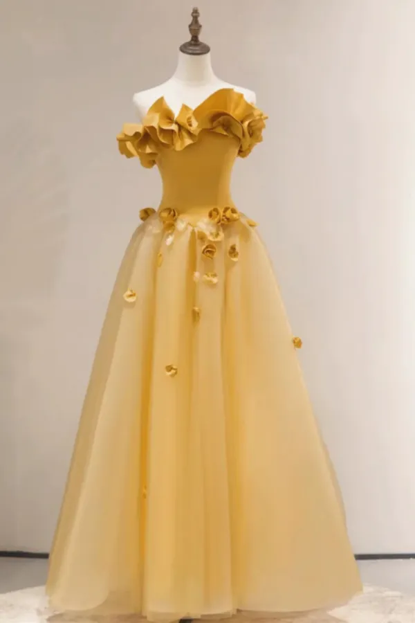 Strapless Yellow Floral Long Prom Dresses, Strapless Yellow Long Formal Evening Dresses APP0850