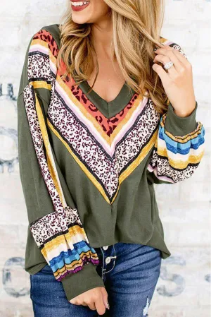 Striped Leopard Print V-neck Long Sleeves Top