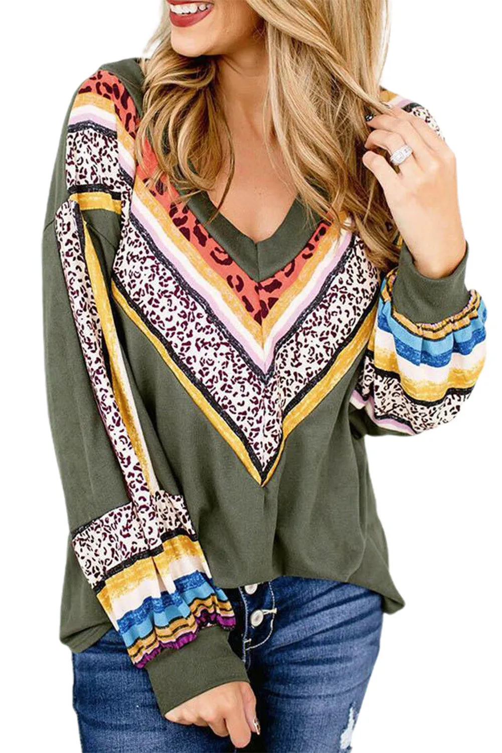 Striped Leopard Print V-neck Long Sleeves Top