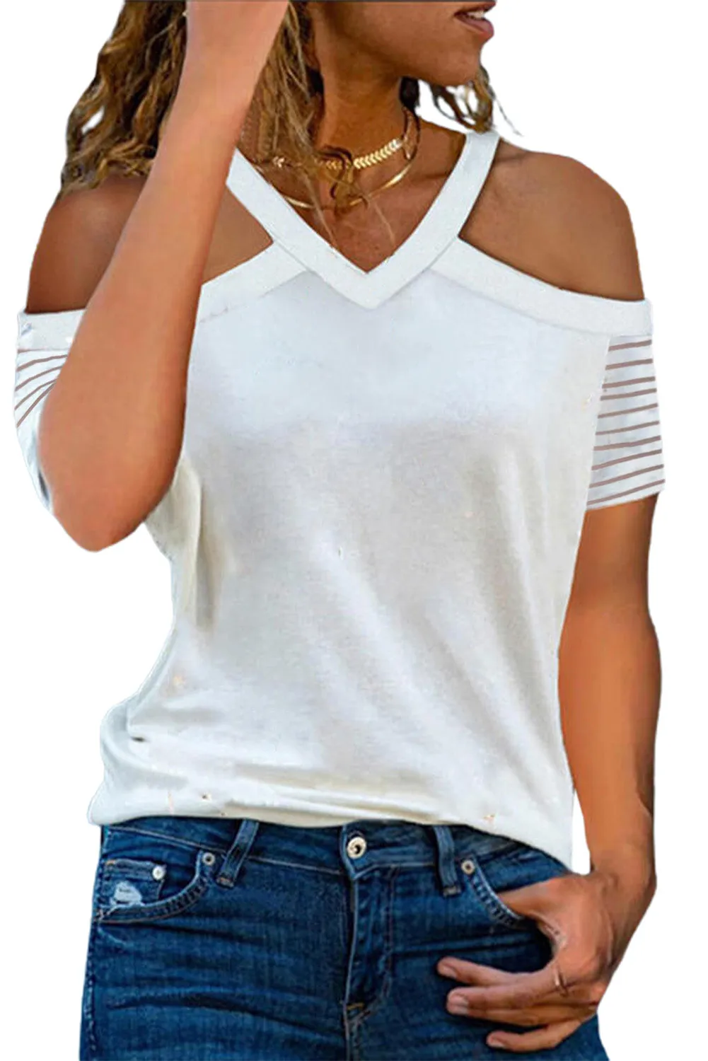 Striped Raglan Sleeve Cold Shoulder V Neck Blouse