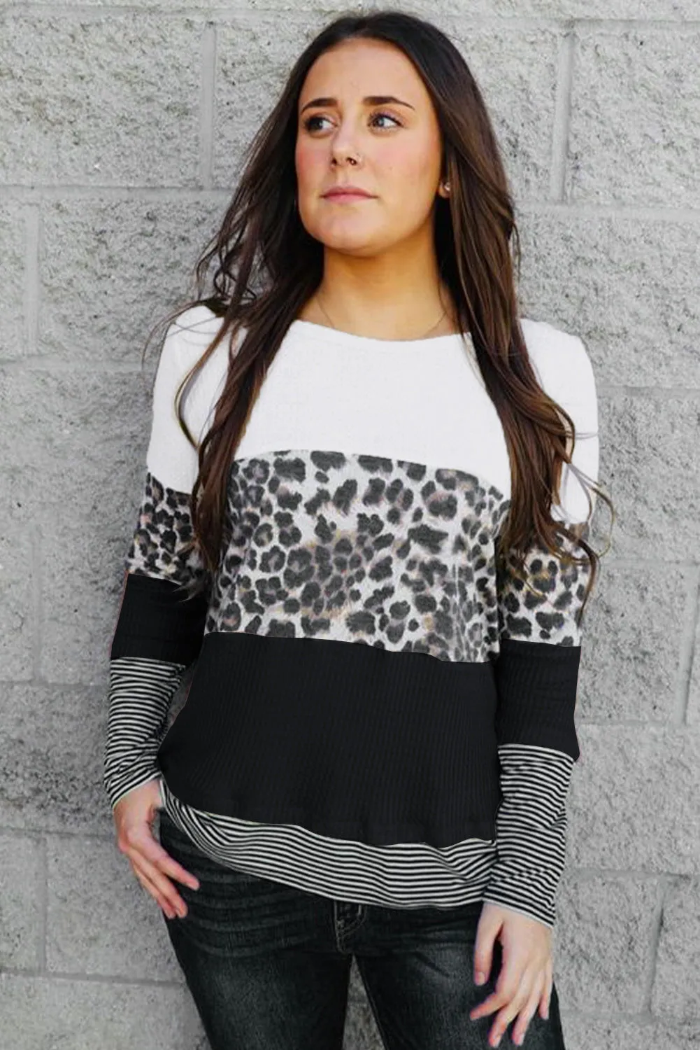 Stripes Leopard Splicing Colorblock Long Sleeve Top