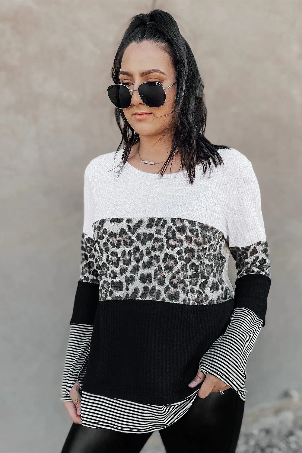 Stripes Leopard Splicing Colorblock Long Sleeve Top
