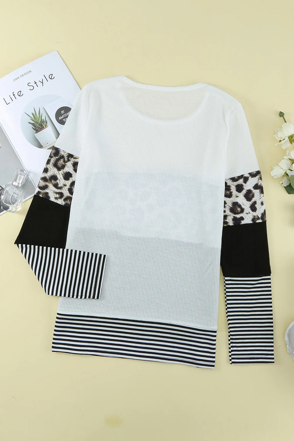 Stripes Leopard Splicing Colorblock Long Sleeve Top
