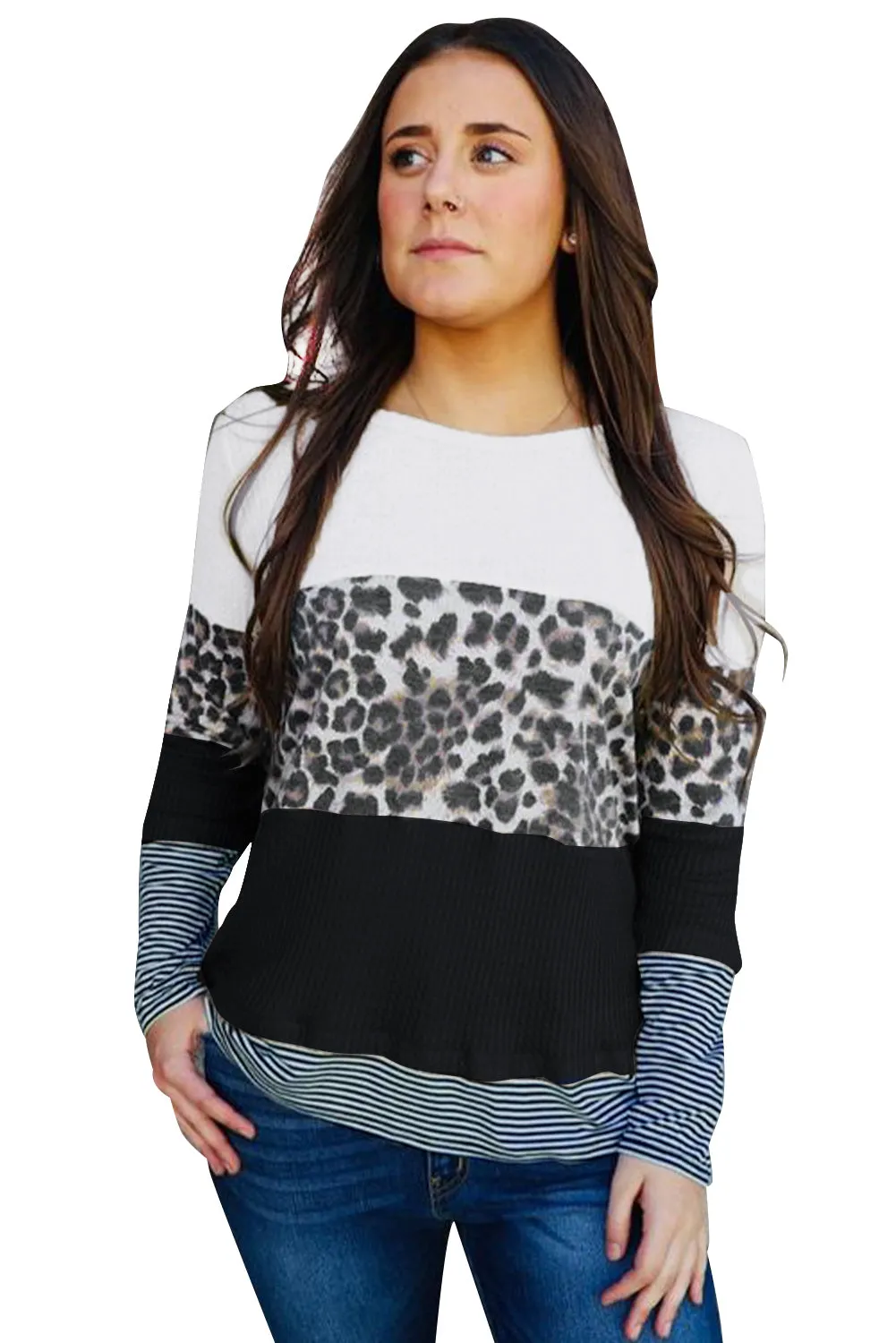 Stripes Leopard Splicing Colorblock Long Sleeve Top