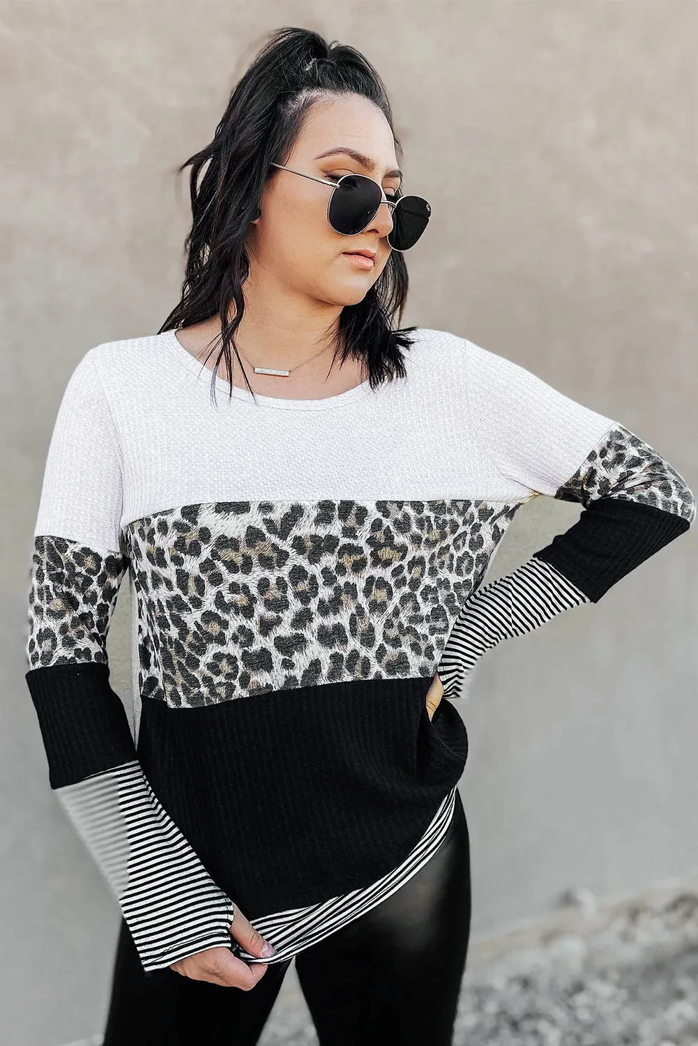 Stripes Leopard Splicing Colorblock Long Sleeve Top