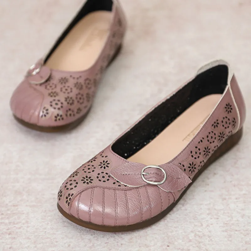 Summer Retro Handmade Genuine Leather Sandals Flat Hollow Hollow Women's Shoes
