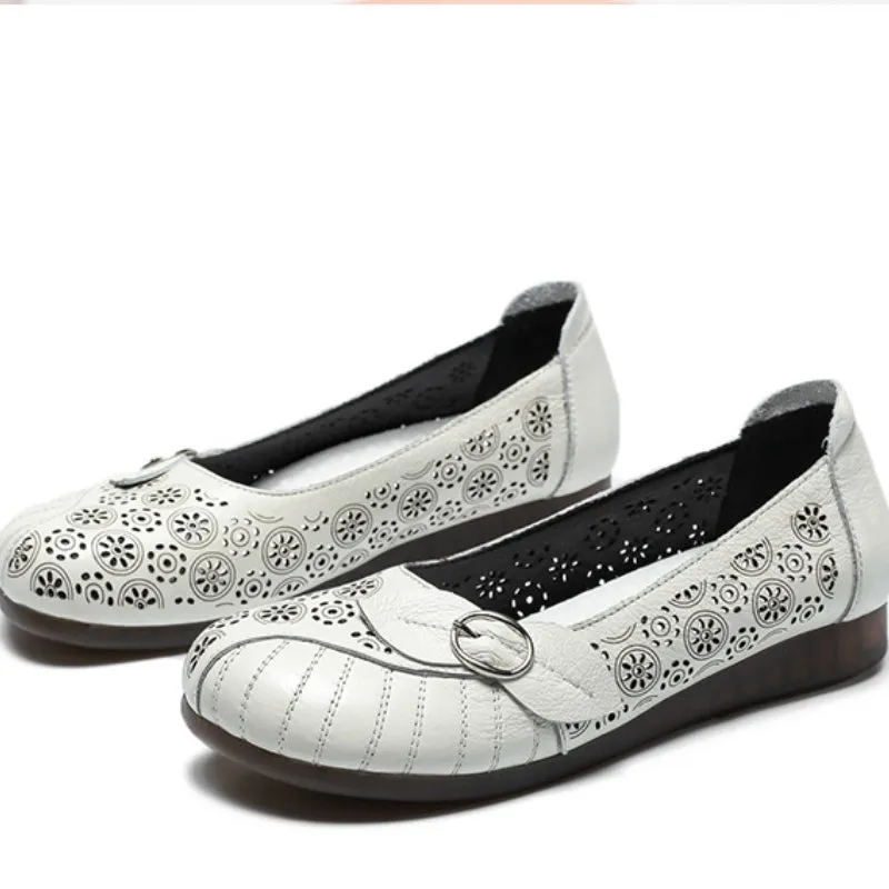 Summer Retro Handmade Genuine Leather Sandals Flat Hollow Hollow Women's Shoes