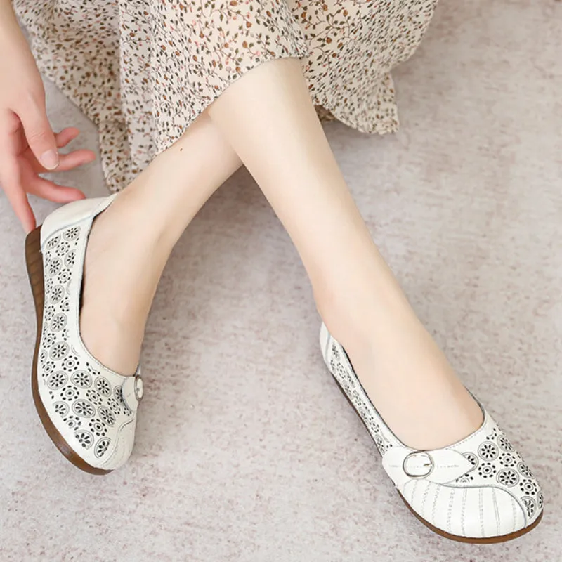 Summer Retro Handmade Genuine Leather Sandals Flat Hollow Hollow Women's Shoes