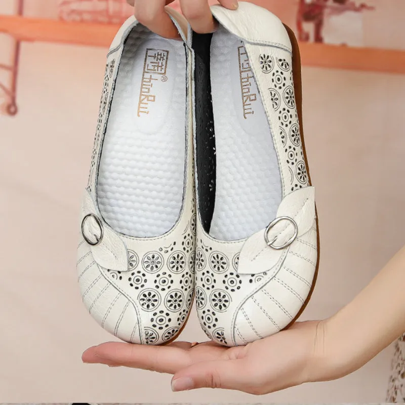 Summer Retro Handmade Genuine Leather Sandals Flat Hollow Hollow Women's Shoes