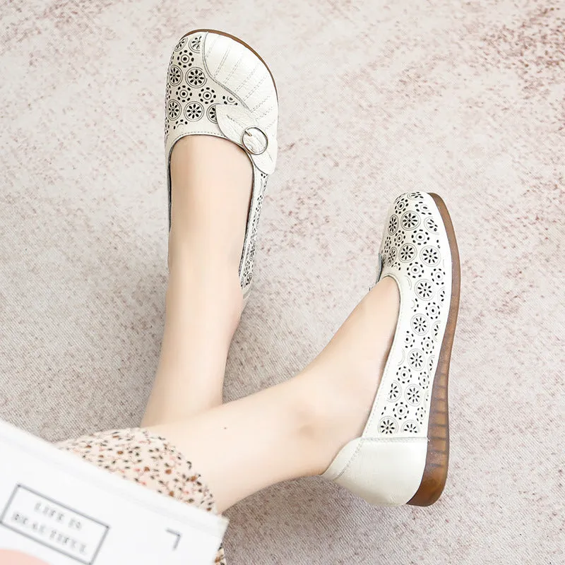 Summer Retro Handmade Genuine Leather Sandals Flat Hollow Hollow Women's Shoes