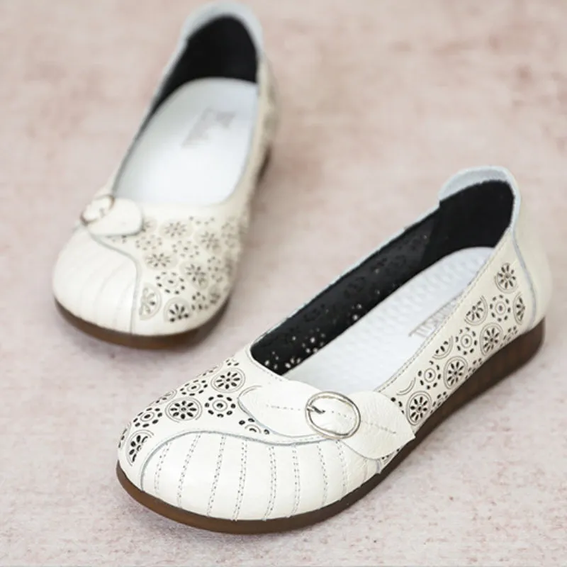 Summer Retro Handmade Genuine Leather Sandals Flat Hollow Hollow Women's Shoes