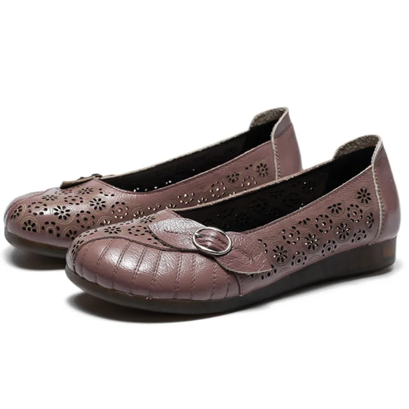 Summer Retro Handmade Genuine Leather Sandals Flat Hollow Hollow Women's Shoes