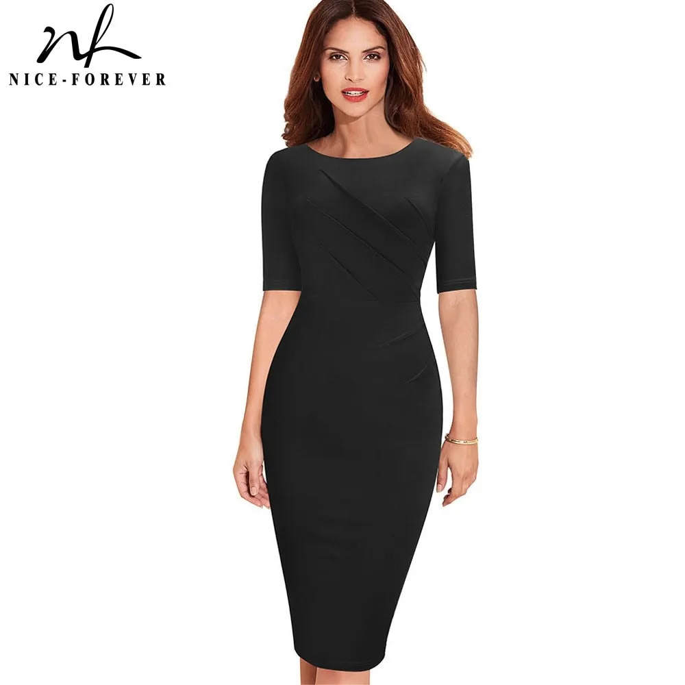 Summer Women Elegant Solid Black Color Office Dresses Business Slim Pencil Dress B614