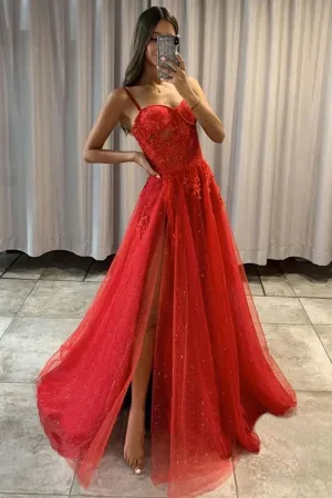 Sweetheart A Line Red Lace Sparkly Tulle Prom Dresses Formal Dresses APP0732
