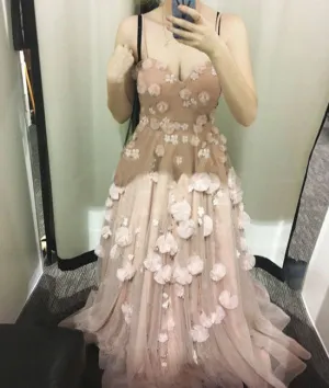 Sweetheart neck 3D applique long tulle long prom dress, evening dress