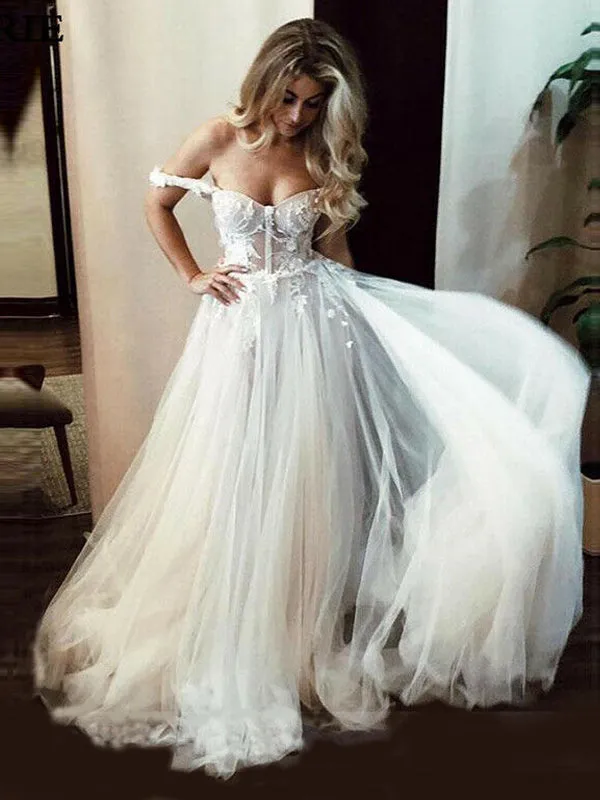 Sweetheart Unique Off the Shoulder Ivory A-line Long Beach Wedding Dress, WD0587