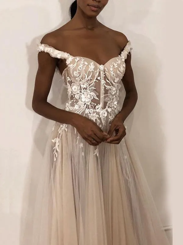 Sweetheart Unique Off the Shoulder Ivory A-line Long Beach Wedding Dress, WD0587