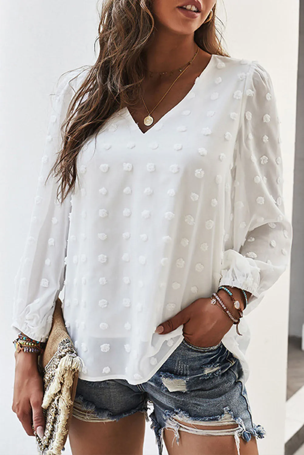 Swiss Dot Bubble Sleeve Blouse