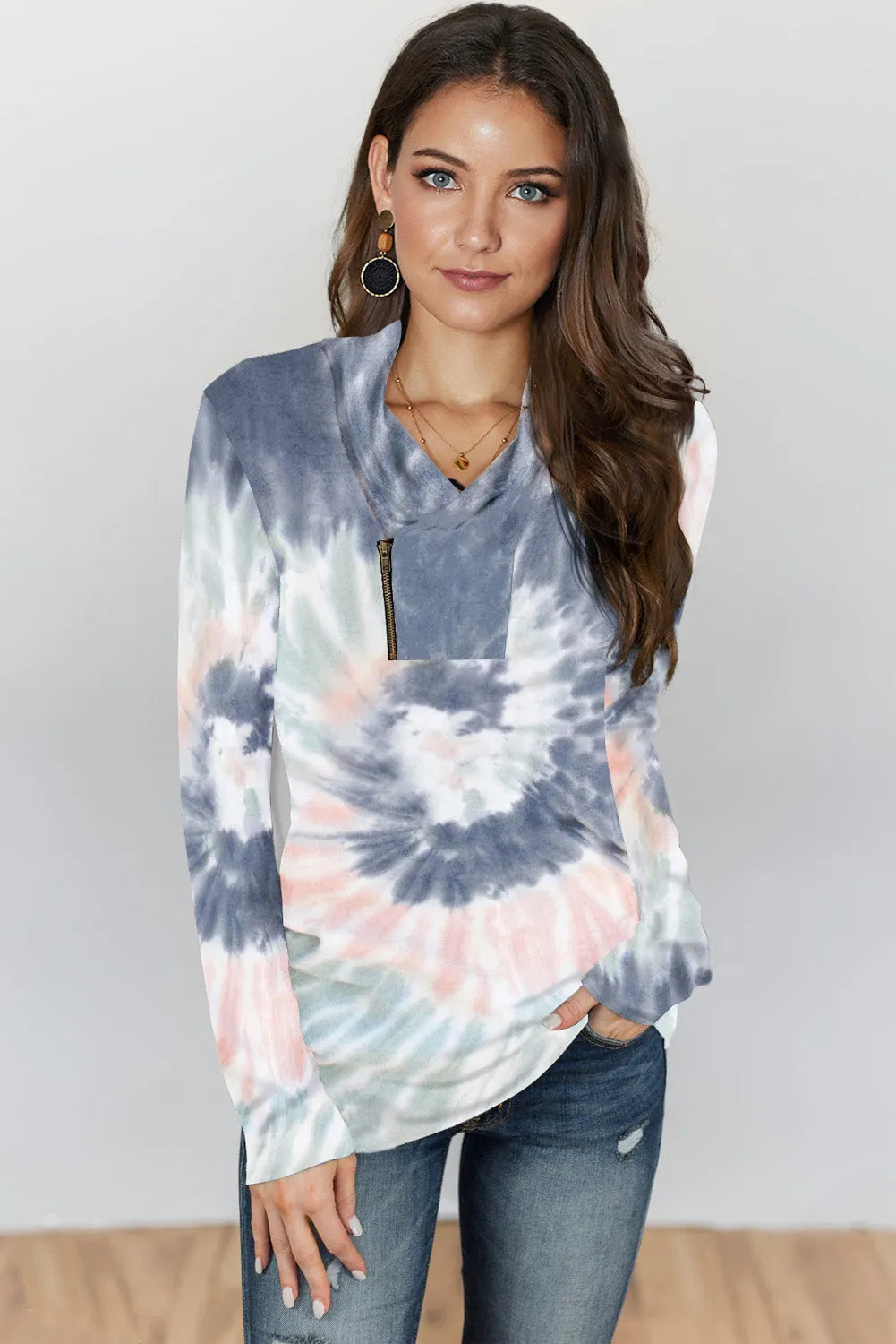 Tie-dye Print Zipper Pullover Top