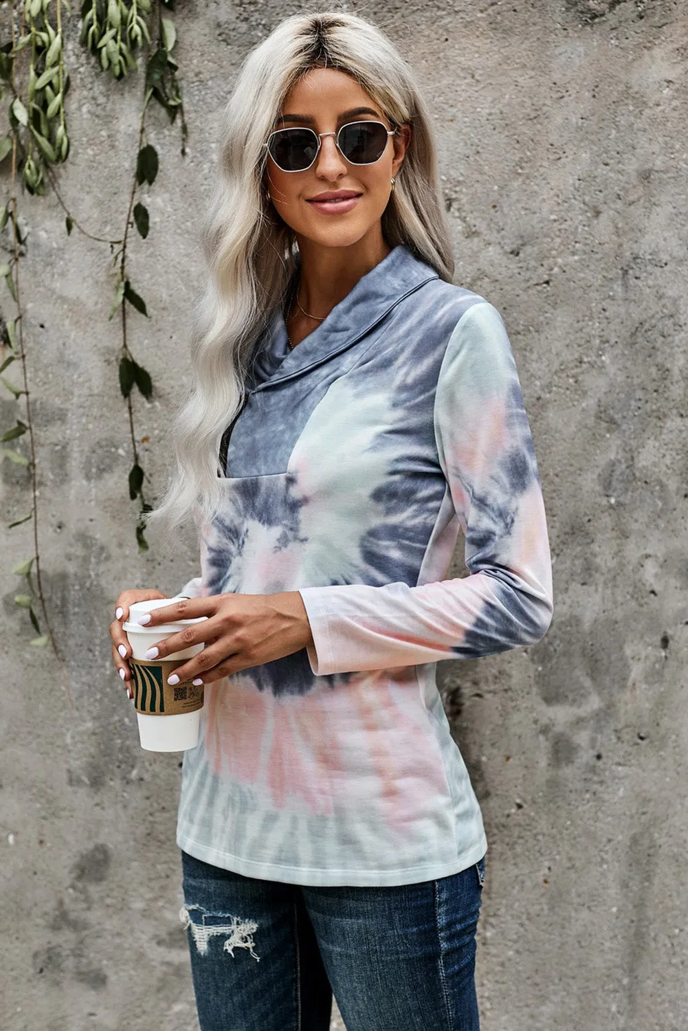 Tie-dye Print Zipper Pullover Top