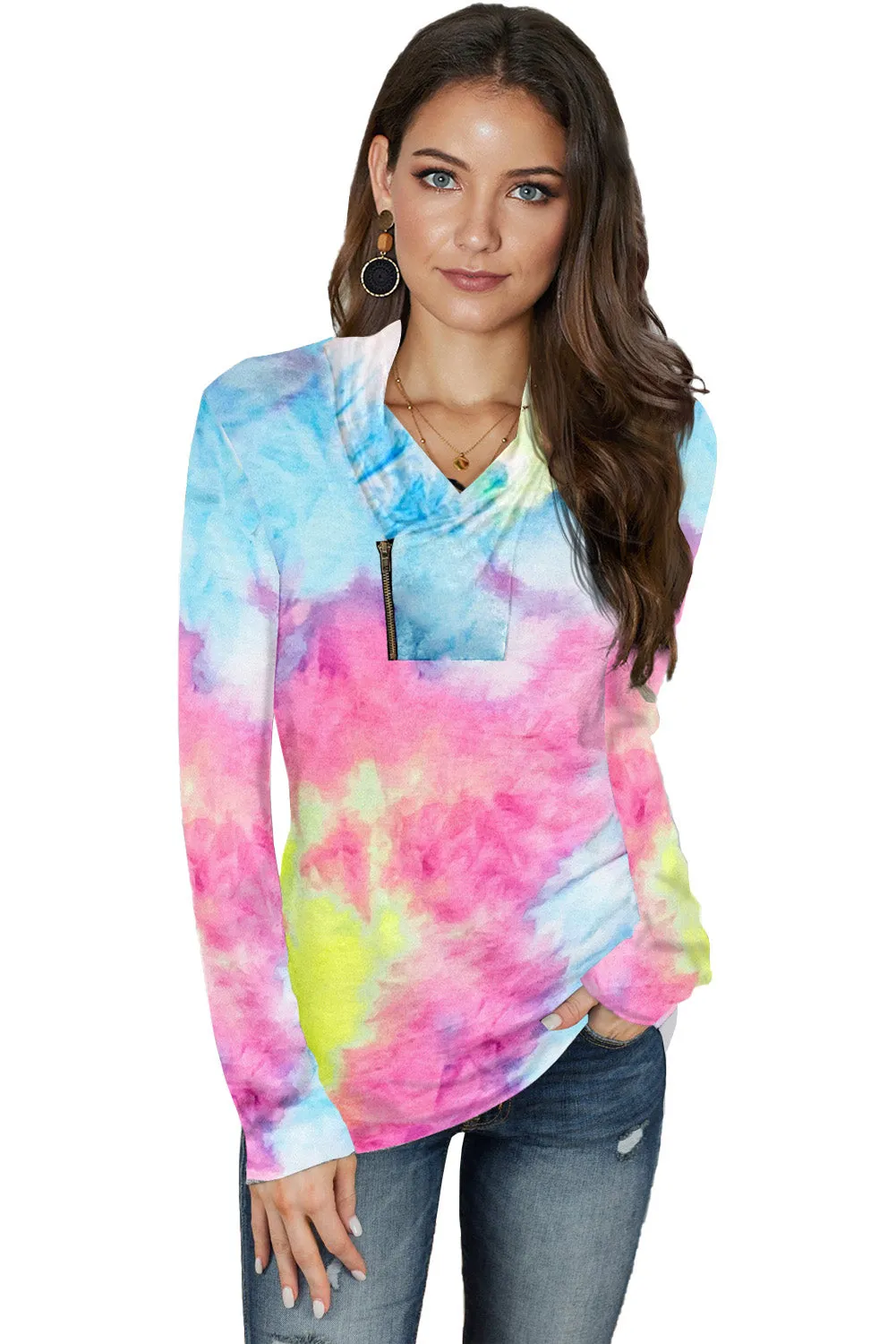 Tie-dye Print Zipper Pullover Top