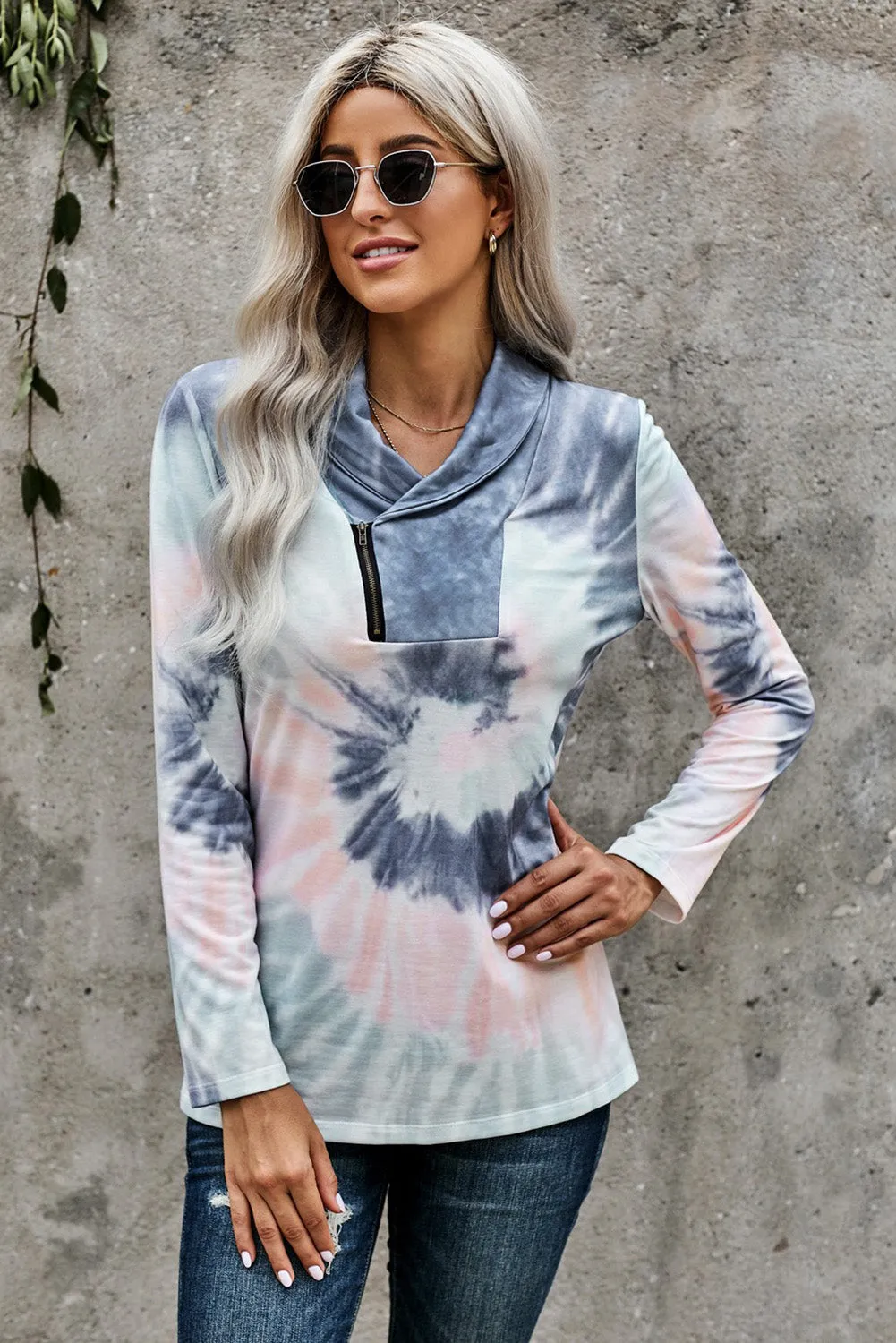 Tie-dye Print Zipper Pullover Top