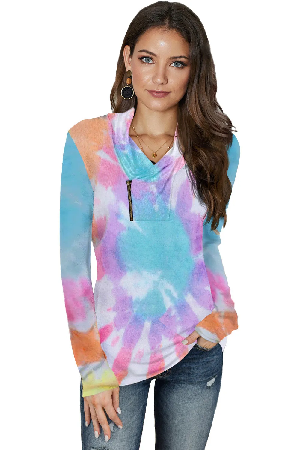 Tie-dye Print Zipper Pullover Top