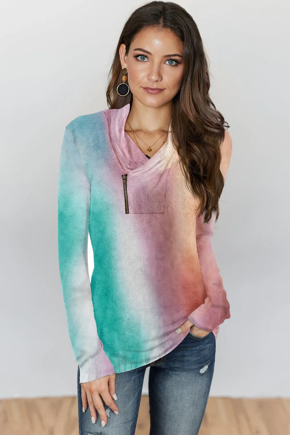 Tie-dye Print Zipper Pullover Top