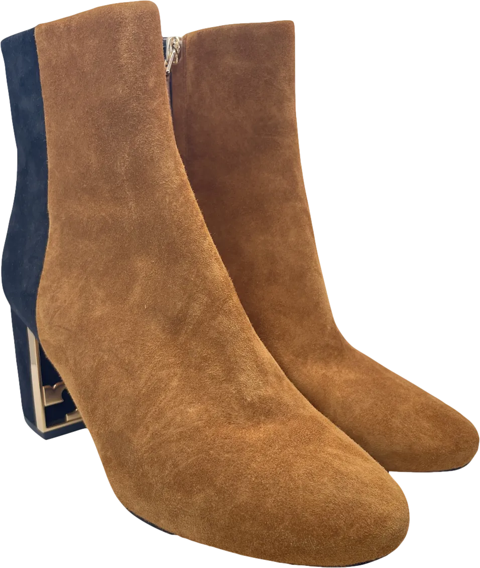 Tory Burch Black / Camel Suede Gigi Logo Heel Ankle Boots Us7 UK 4 EU 37 👠