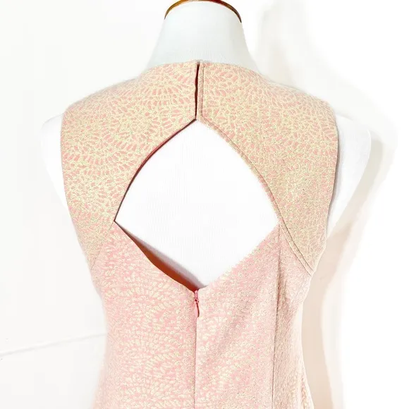 Trina Turk Coral Pink Metallic Gold Cutout Jacquard Sleeveless Cocktail Dress