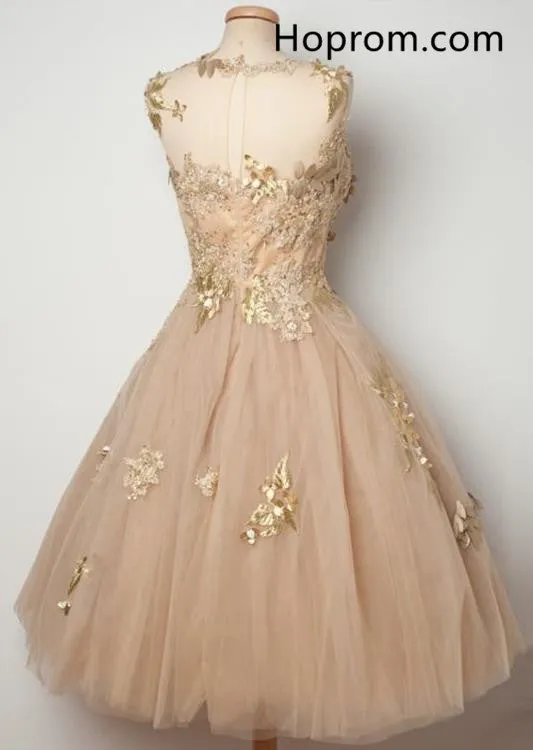 Tulle Champagne Homecoming Dresses with Appliques, Short Prom Dress