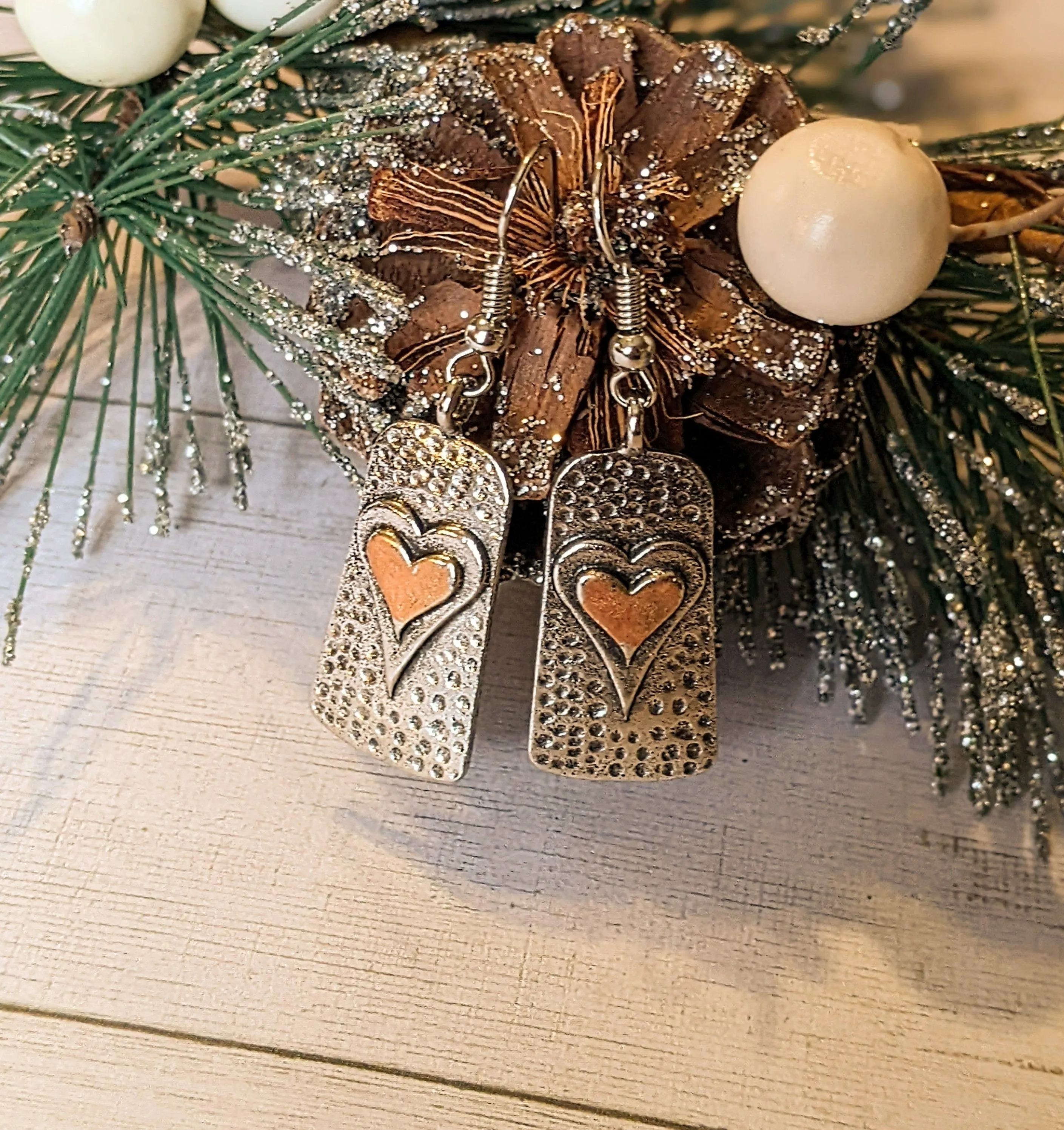 Two-Tone Heart Tag Dangle Earrings