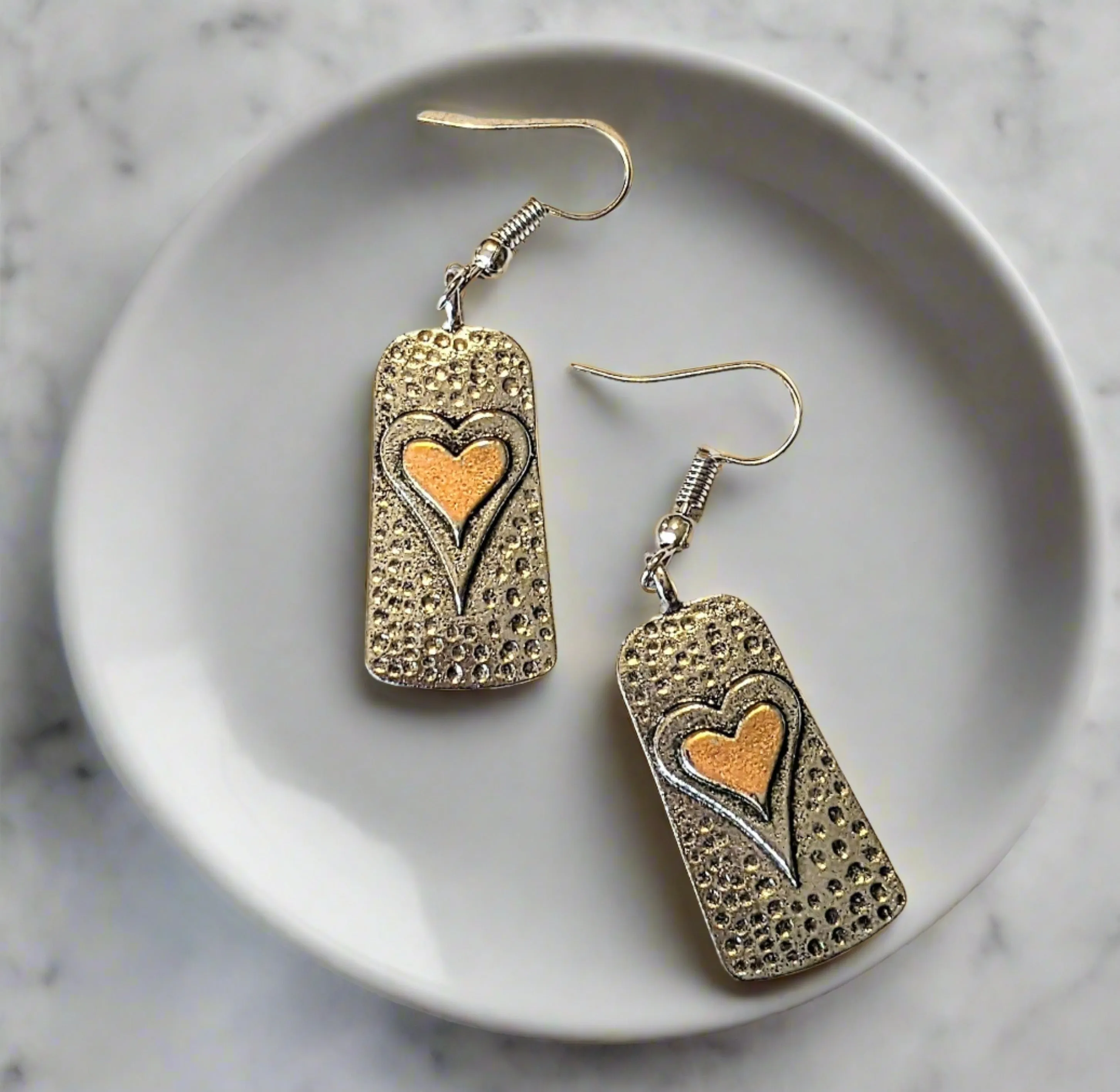 Two-Tone Heart Tag Dangle Earrings