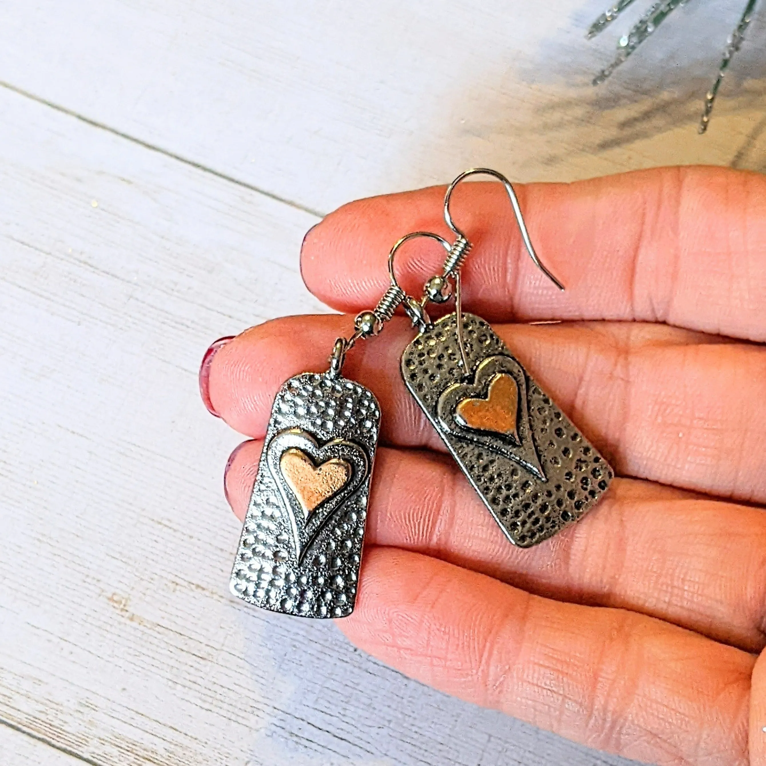 Two-Tone Heart Tag Dangle Earrings