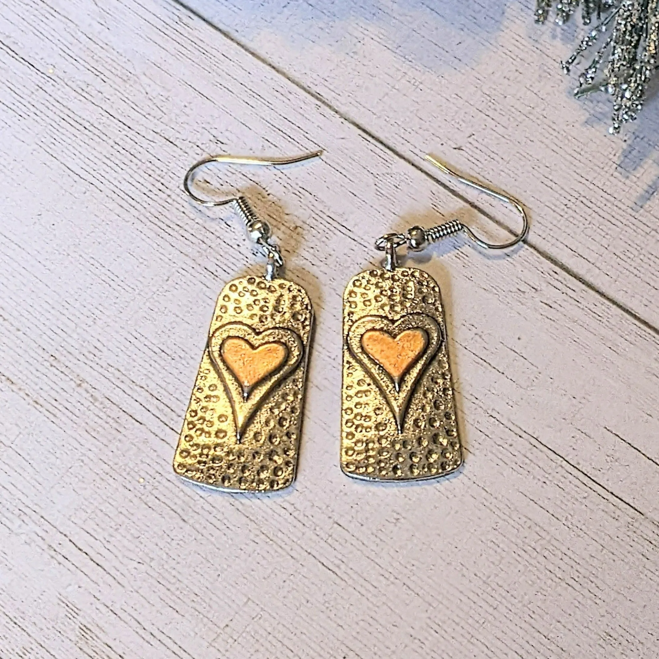 Two-Tone Heart Tag Dangle Earrings