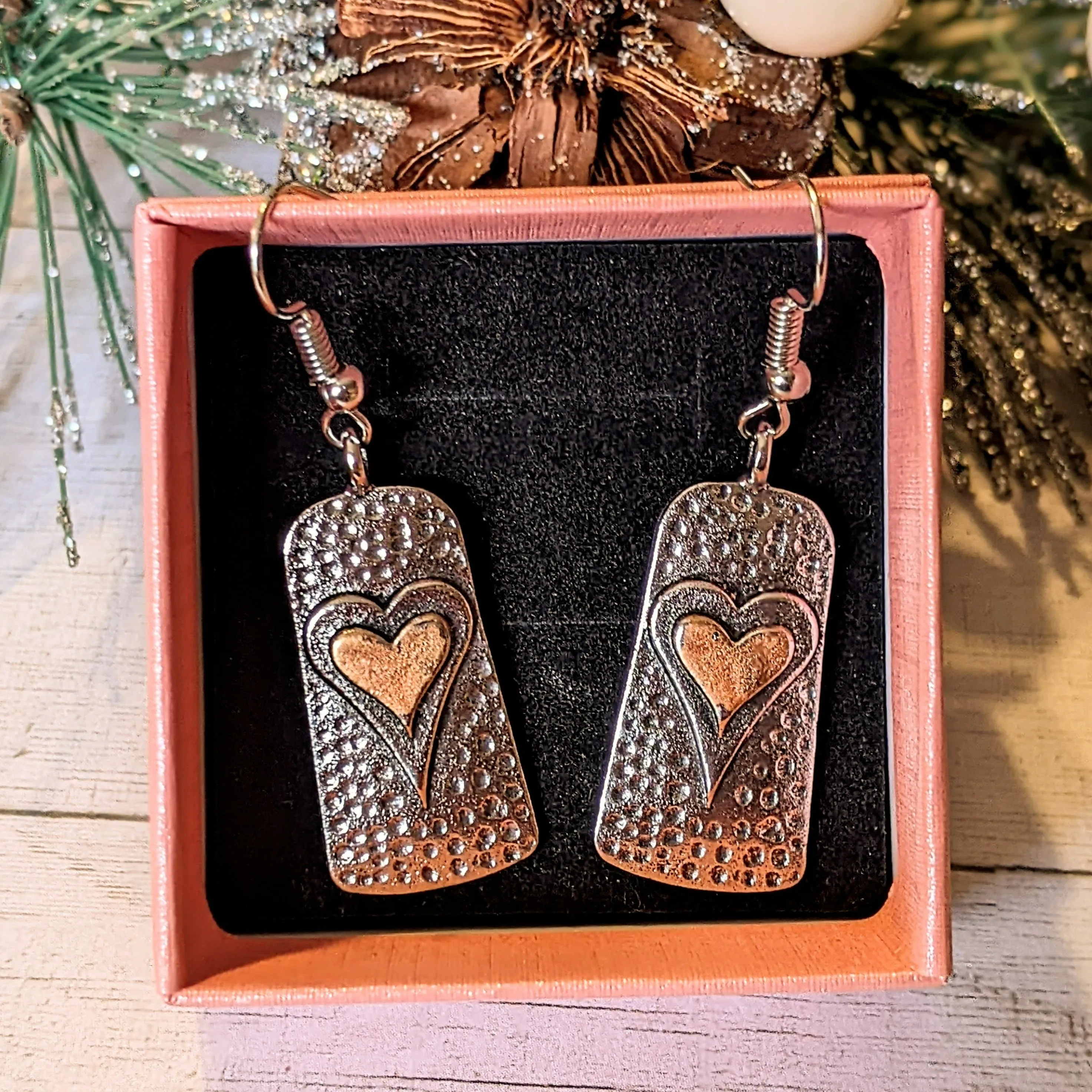 Two-Tone Heart Tag Dangle Earrings