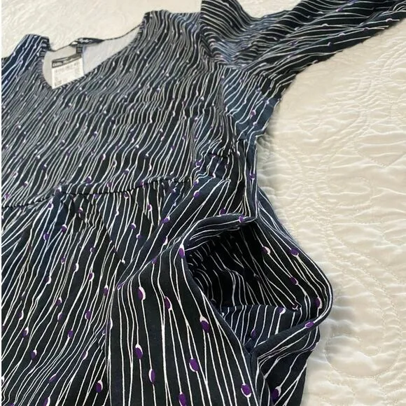 Ulla Popken Dress Plus Size 24/26 Black White Purple Resort V Neck Pocket Empire