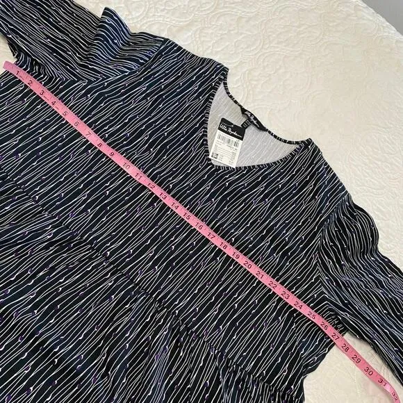 Ulla Popken Dress Plus Size 24/26 Black White Purple Resort V Neck Pocket Empire