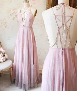 Unique Pink v neck long prom dress, pink evening dress