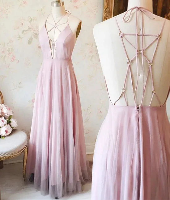 Unique Pink v neck long prom dress, pink evening dress