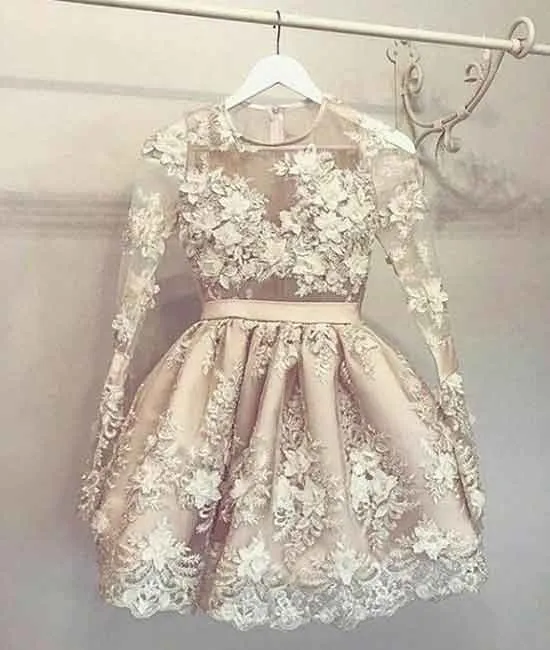 Unique round neck champagne lace short prom dress, homecoming dress