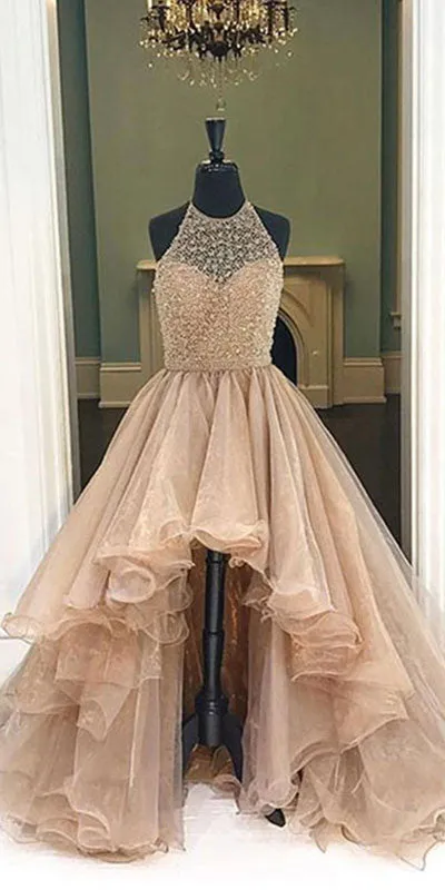 Unique round neck high-low prom dresses for teens, evening dresses