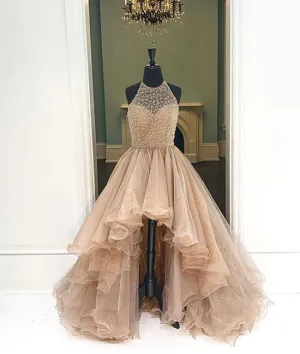 Unique round neck high-low prom dresses for teens, evening dresses