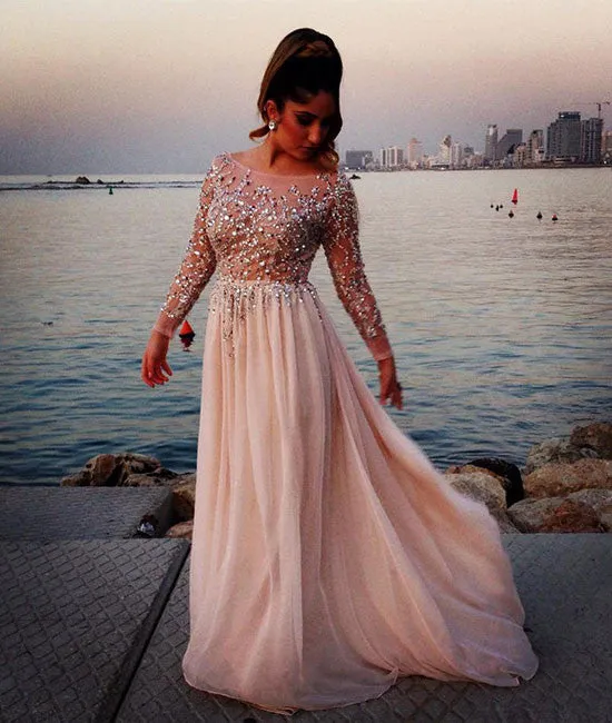 Unique round neck sequin long prom dress, evening dress