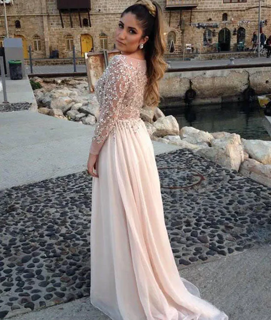 Unique round neck sequin long prom dress, evening dress