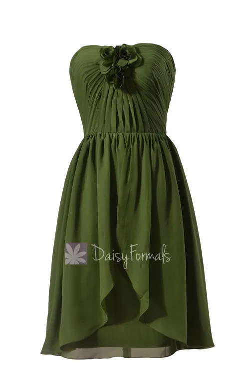 Unique Short Hunter Green Chiffon Bridesmaid Dress W/Handmade Flowers(BM2811)