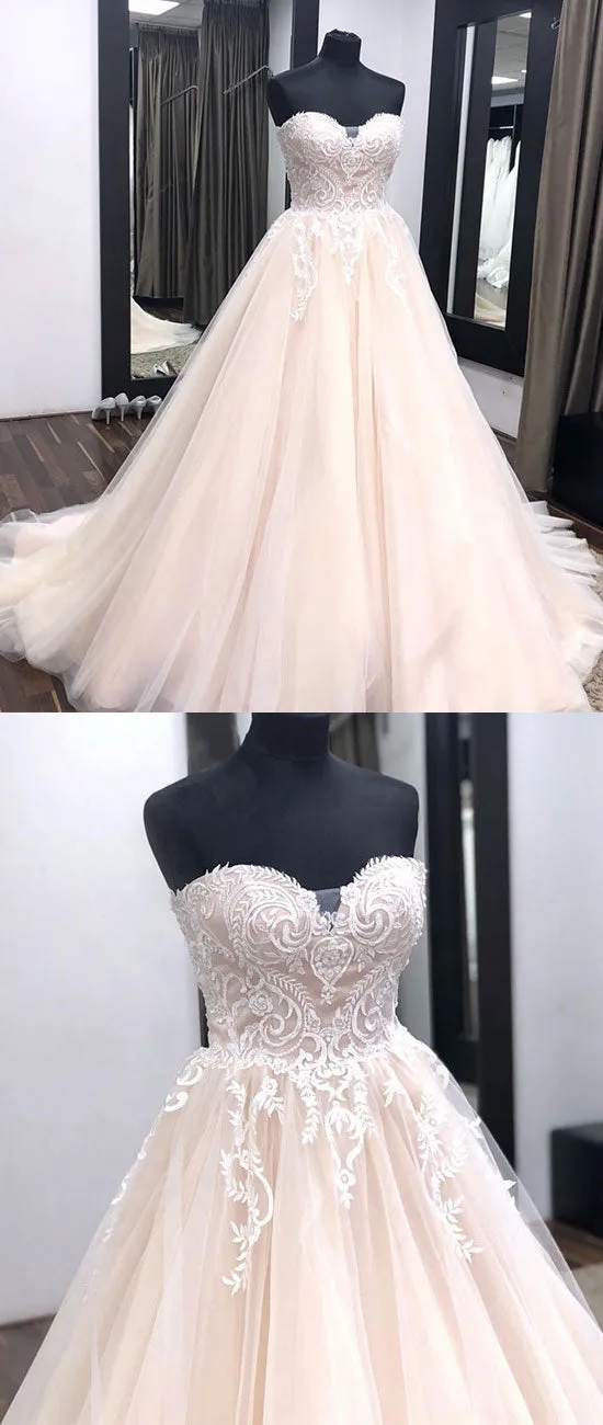 Unique sweetheart neck tulle lace applique long wedding dress, lace bridal dress